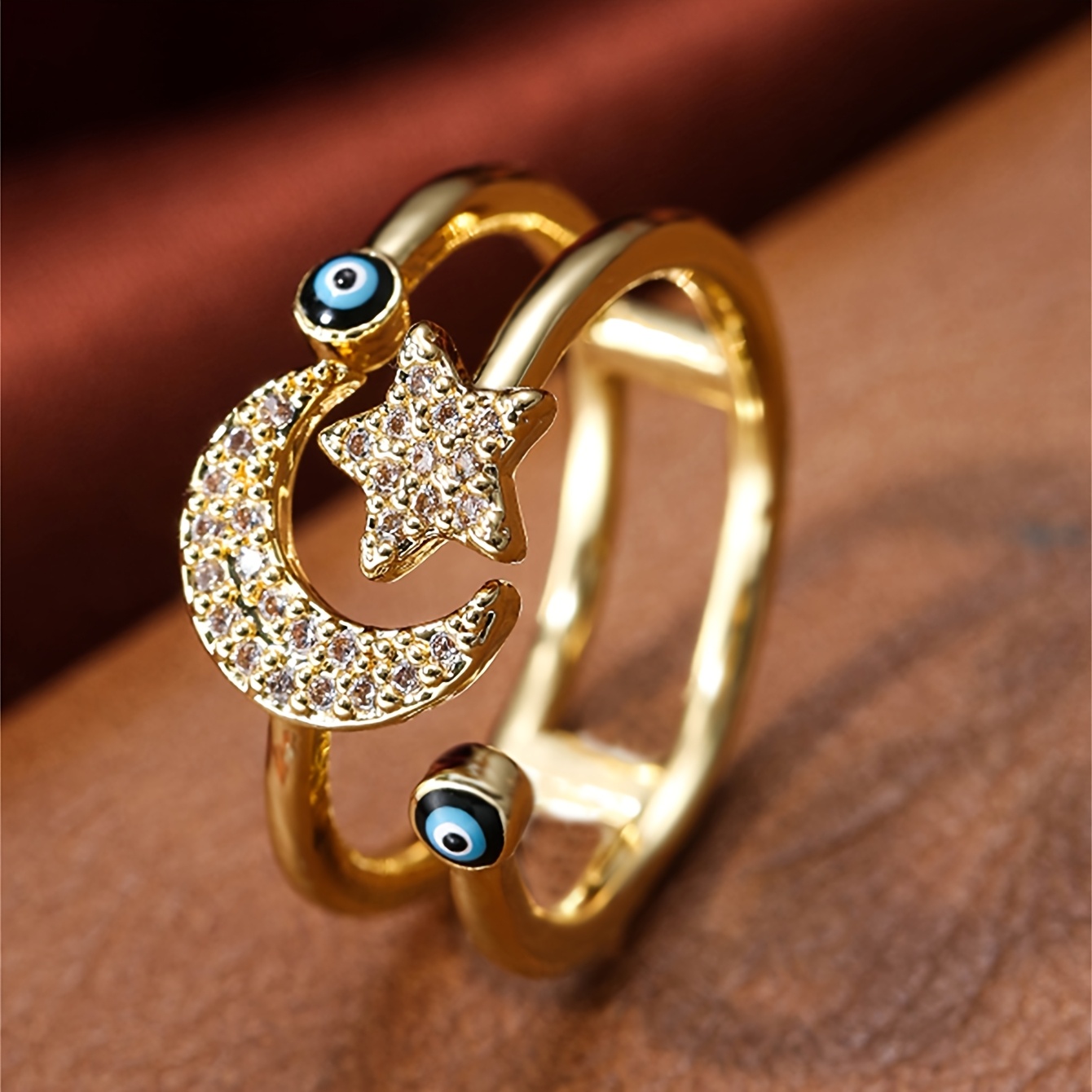 Copper Adjustable Ring with Zirconia Star and Moon for Women